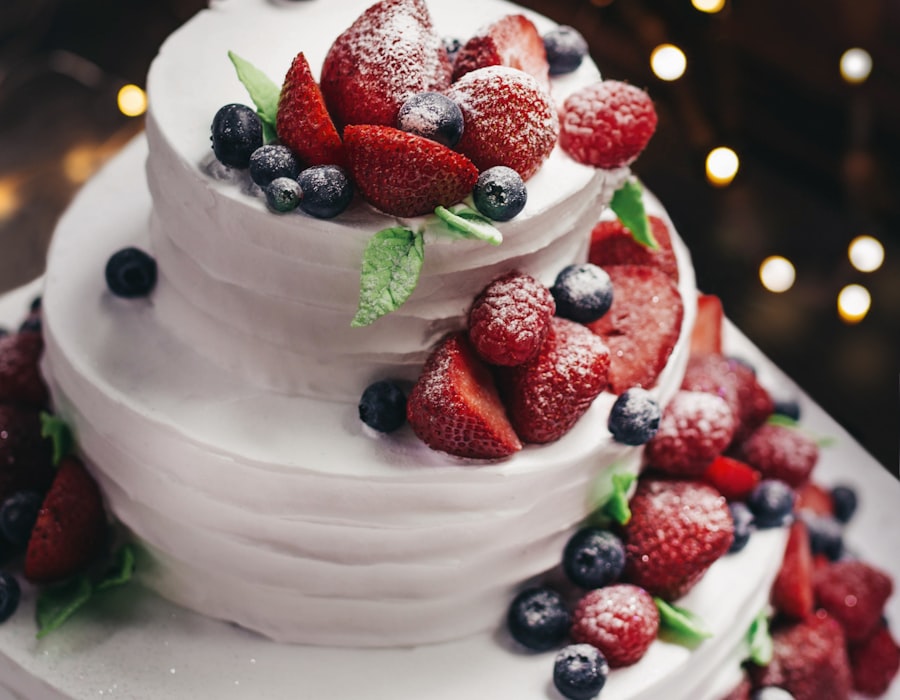 Elegant celebration cake topped with fresh berries