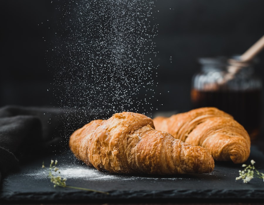 Golden buttery croissants dusted with sugar