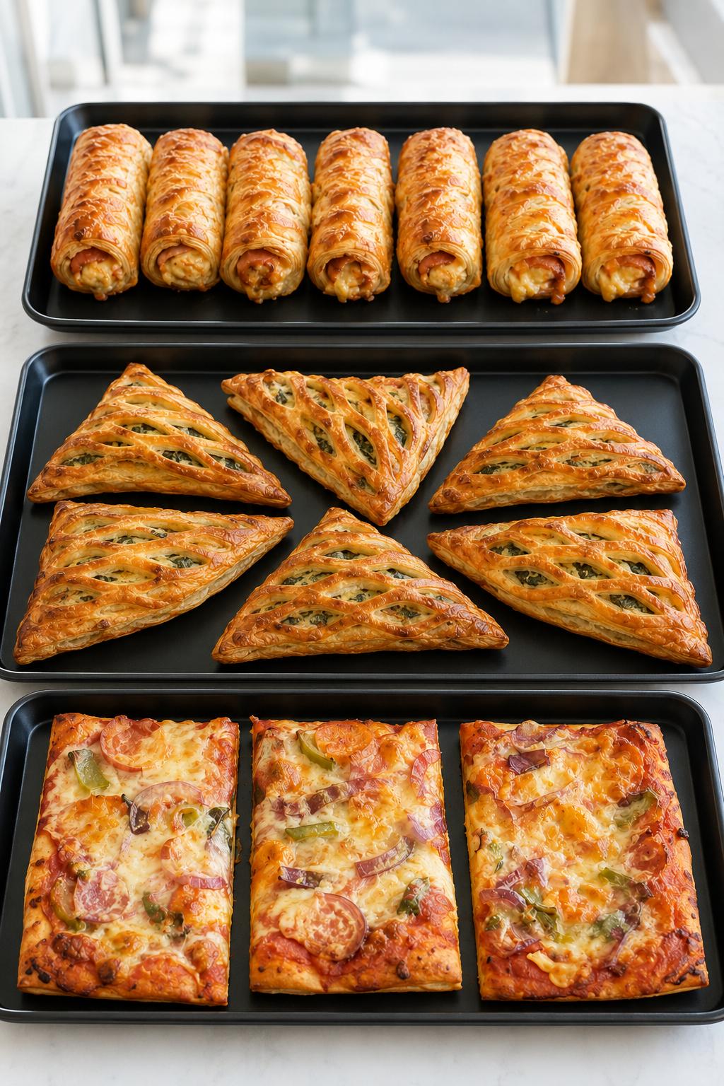 Freshly baked savoury pastries — sausage rolls, turnovers and pizza