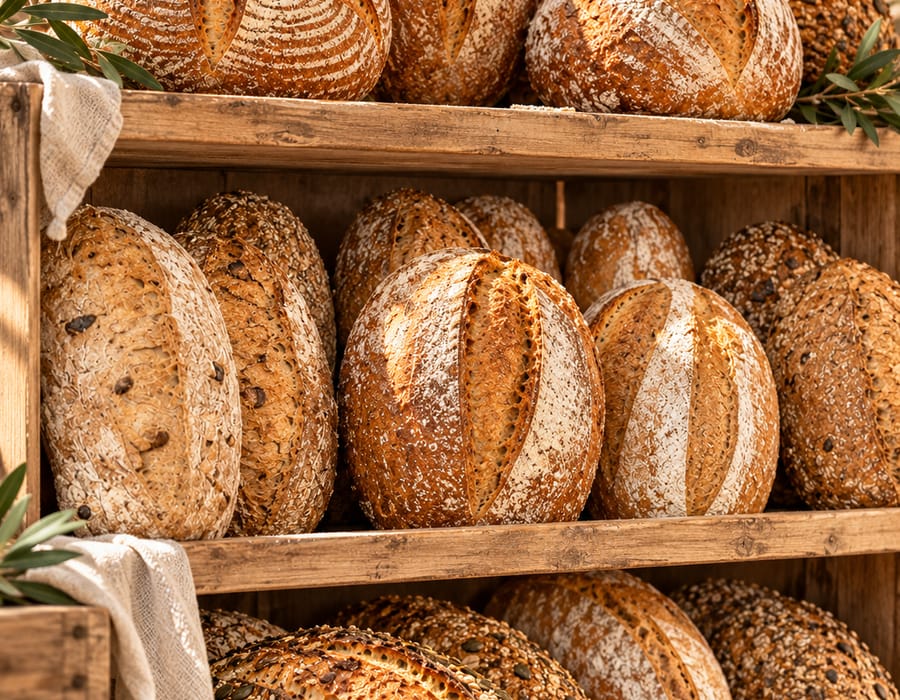 Artisan sourdough loaves on wooden shelves