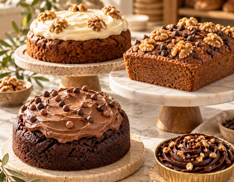 Carrot cake, walnut loaf and chocolate cake on cake stands