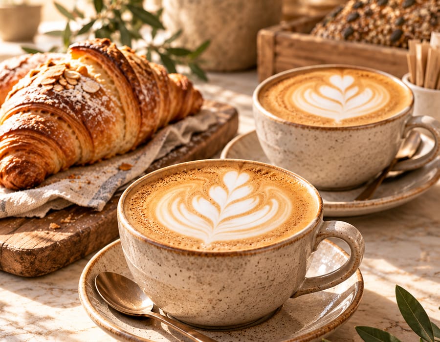 Cappuccino with latte art next to a fresh croissant