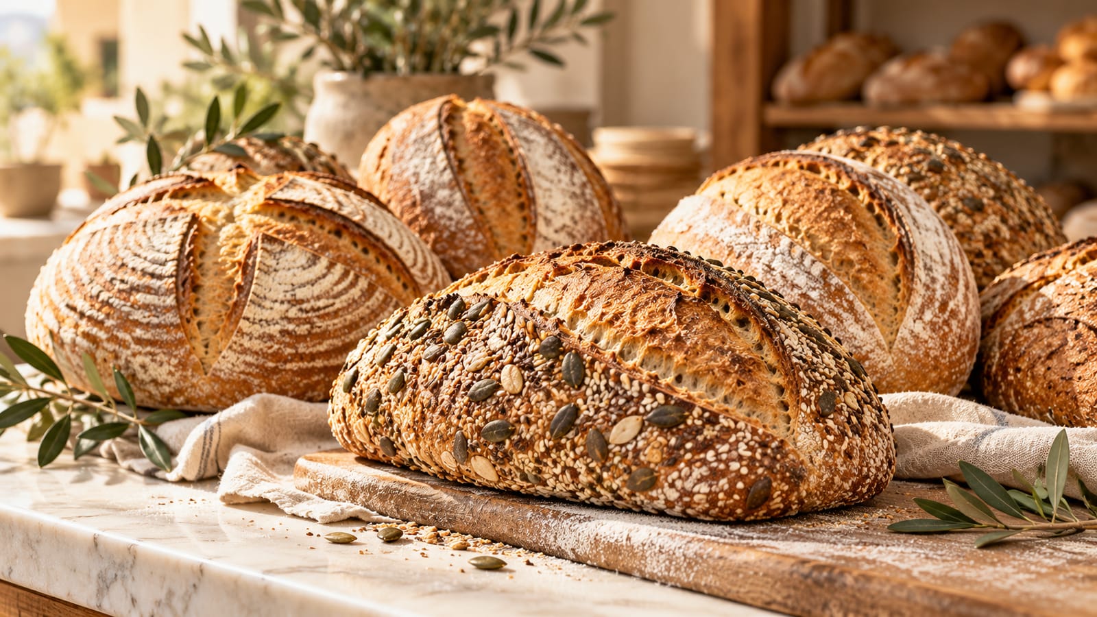 Freshly baked artisan loaves on a marble counter at THE BAKERY BANÚS, Puerto Banús