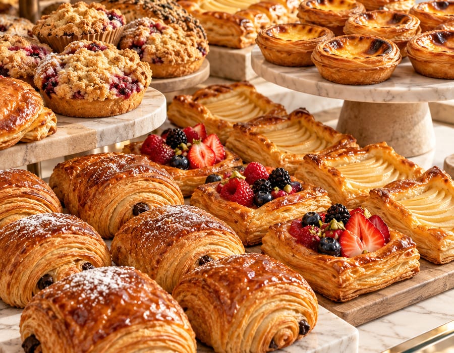 Pain au chocolat, fruit tarts and custard pastries