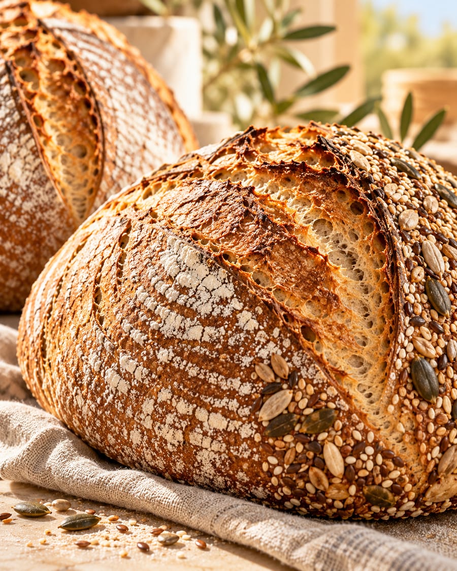 Close-up of a freshly baked sourdough loaf with a crackled golden crust